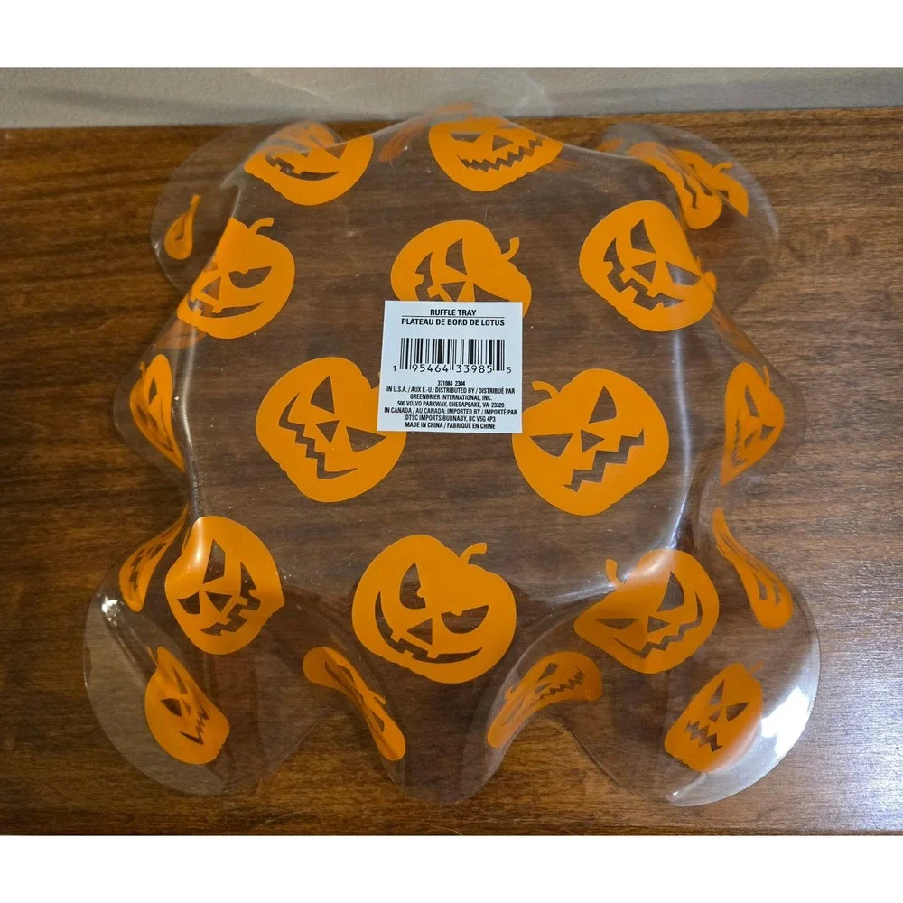 Greenbrier International Halloween Ruffle Tray Set Pumpkin Spider Web Clear 2pc